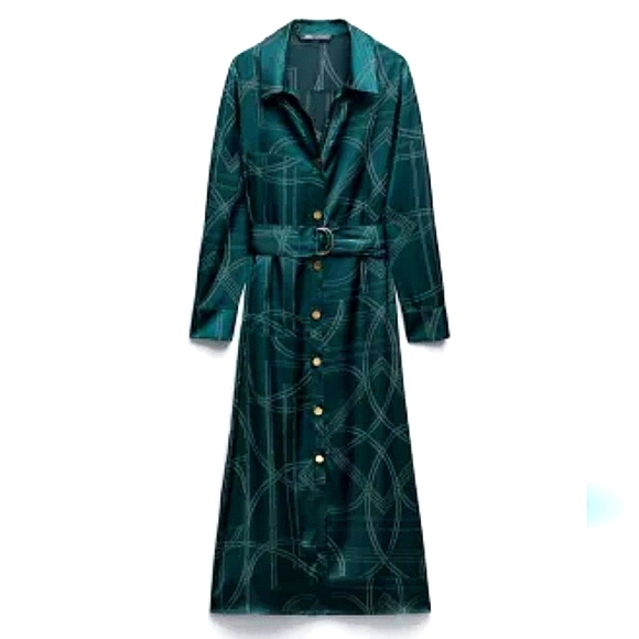 Zara Teal Patterned Midi Dress with Belt - Picture 1 of 13